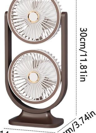 Dual-Head Desktop Fan 360° Adjustable – USB-C Rechargeable with 5 Speeds, Quiet Turbo Cooling, LED Night Light