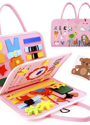 Busy Board for Toddlers 28cm – Fabric Montessori Toy with Alphabet, Clock, Puzzle – Pink for Age 3+