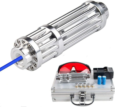 Blue Laser Pointer 500mW Adjustable Focus – Long-Range Class B with Glasses, Beam Caps & Case – Silver Aluminum