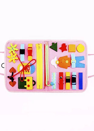 Busy Board for Toddlers 28cm – Fabric Montessori Toy with Alphabet, Clock, Puzzle – Pink for Age 3+