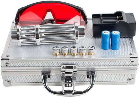 Blue Laser Pointer 500mW Adjustable Focus – Long-Range Class B with Glasses, Beam Caps & Case – Silver Aluminum