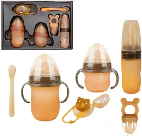 7-Piece BPA-Free Silicone Baby Feeding Set with Bottles, Fruit Feeder, Pacifier, Holder and Spoons