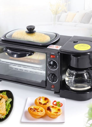 3-in-1 Breakfast Station with Mini Oven, Coffee Maker and Top Griddle, Black Stainless Steel