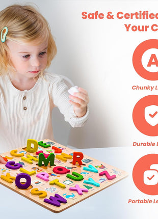 Wooden Alphabet Puzzle for Kids – 26 Lowercase Letters – Educational Plywood Board Toy