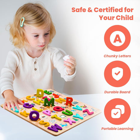 Wooden Alphabet Puzzle for Kids – 26 Lowercase Letters – Educational Plywood Board Toy