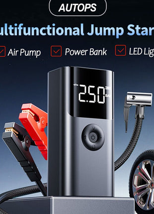 Portable Jump Starter Air Pump, ABS Plastic 12V Emergency Power Bank with Tire Pressure Display and LED Light