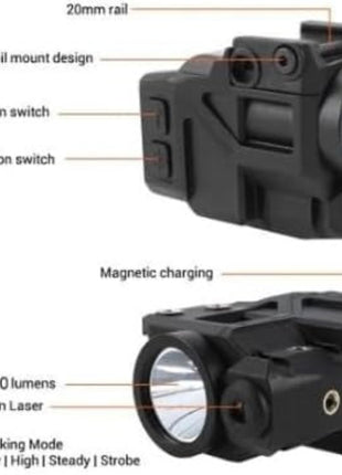 Tactical Weapon Light 500 Lumens + Adjustable Blue Laser – 6 Modes LED Flashlight – Magnetic USB Rechargeable, Rail Mount