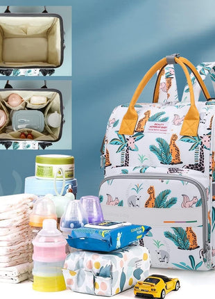 Baby Diaper Backpack 25L Waterproof – Insulated Bottle Pockets + Tissue Slot + Stroller Straps – Safari Animal Print
