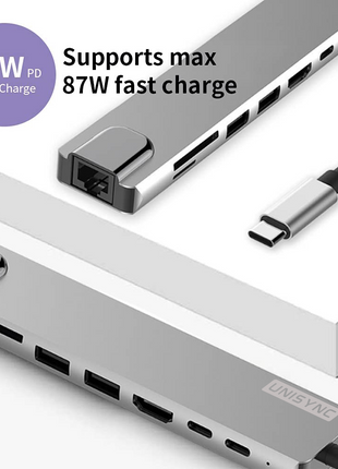 UNISYNC 8-in-1 USB-C Docking Station with 87W PD, HDMI, USB 3.0, RJ45, SD/TF – Slim Hub