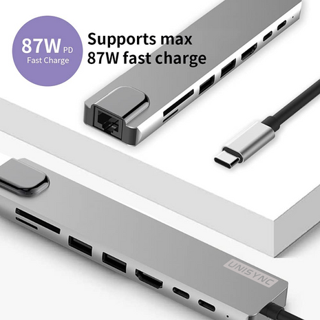 UNISYNC 8-in-1 USB-C Docking Station with 87W PD, HDMI, USB 3.0, RJ45, SD/TF – Slim Hub