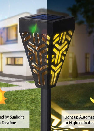 6 pcs Solar Flame Torch Light with Decorative Shadow Pattern, ABS Plastic Outdoor Stake Lamp,Warm Garden Path Light