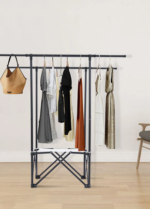 Foldable Clothes Drying Rack 135cm – Iron Frame with Wheels, Sock Clips & Net Bag – Black