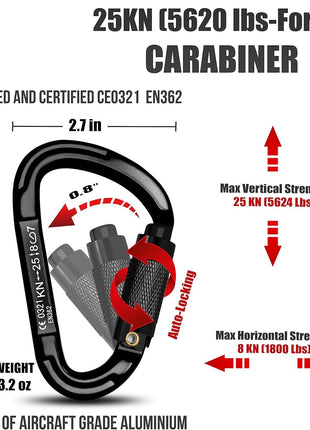 Aluminium Alloy Carabiner 25kN – 3-Way Auto Locking Gate – Matte Black – CE0321 EN362 – Industrial Use