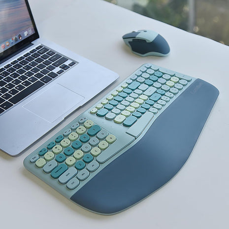 Wireless Ergonomic Keyboard and Mouse Combo, PU Wrist Rest, 101 Keys, 3-DPI Optical Mouse