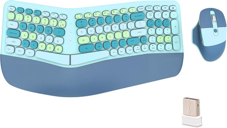 Wireless Ergonomic Keyboard and Mouse Combo, PU Wrist Rest, 101 Keys, 3-DPI Optical Mouse