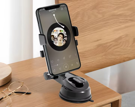 Car Phone Mount Holder – ABS Suction Mount with Telescopic Arm – Black Dashboard/Windshield Cradle