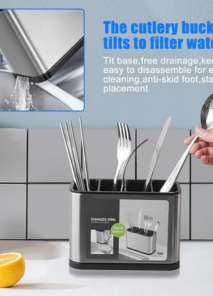 Stainless Steel Cutlery Holder 4-Grid Organizer – Drain Base, ABS Interior, Anti-Slip, Silver