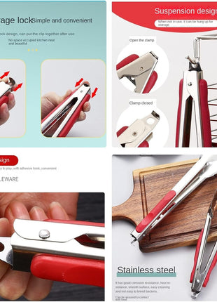 Grill Tongs Stainless Steel 30/35 cm – Heat-Resistant ABS Handle – Lockable Red Grip