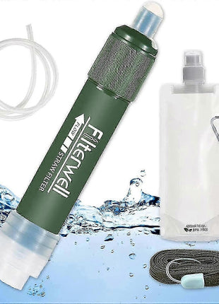 Filterwell Portable Water Filter Straw 4000L – 0.01 Micron Carbon Filtration + BPA-Free Water Bag – Green