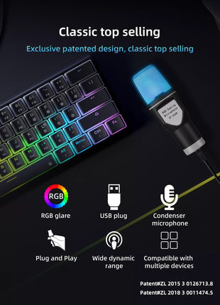 USB Condenser Microphone – 5V Plug & Play – Omnidirectional – Carbon Steel Gooseneck – RGB Lighting – Black