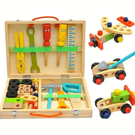 Wooden Toy Tool Set 36-Piece – Pretend Construction Kit with Blocks, Tools & Carry Case
