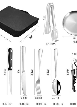 20-Piece Camping Utensil Set – Stainless Steel Outdoor Cooking Cutlery Kit with Plates, Tongs, Opener & Carry Bag