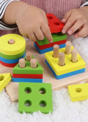 Montessori Wooden Shape Sorting Puzzle – 4-Stack Geometric Toddler Toy 12–36 Months – Water-Based Paint
