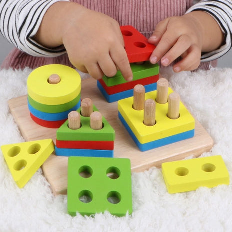 Montessori Wooden Shape Sorting Puzzle – 4-Stack Geometric Toddler Toy 12–36 Months – Water-Based Paint