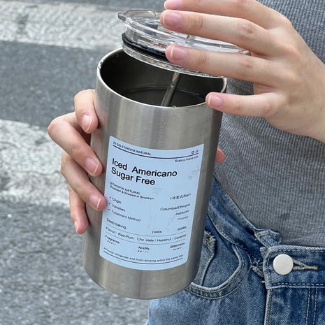 Thermal Insulated Coffee Cup 600ml – 304 Stainless Steel Inner – Vacuum Seal Lid – Reusable Metal Straw – Silver