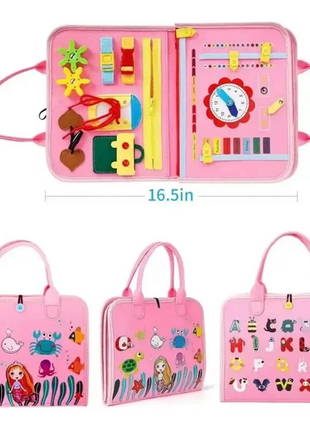 Busy Board for Toddlers 28cm – Fabric Montessori Toy with Alphabet, Clock, Puzzle – Pink for Age 3+