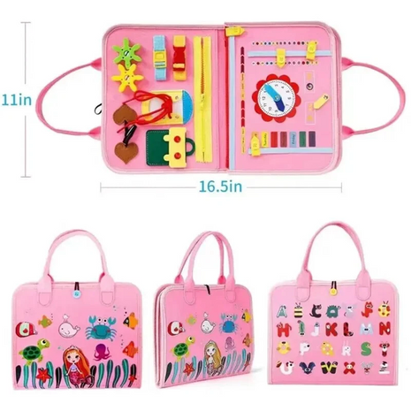 Busy Board for Toddlers 28cm – Fabric Montessori Toy with Alphabet, Clock, Puzzle – Pink for Age 3+