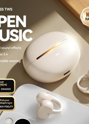 Clip-On Wireless Earbuds Open-Ear Bluetooth 5.0 with 5+25hr Battery and Panoramic Audio Beige