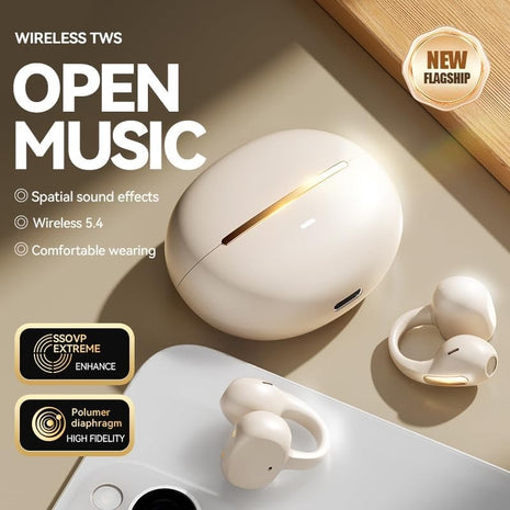 Clip-On Wireless Earbuds Open-Ear Bluetooth 5.0 with 5+25hr Battery and Panoramic Audio Beige