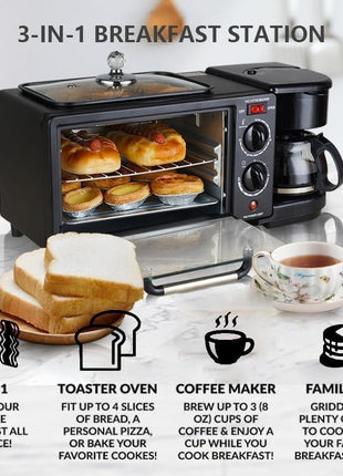 3-in-1 Breakfast Station with Mini Oven, Coffee Maker and Top Griddle, Black Stainless Steel