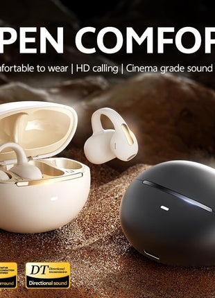 Clip-On Wireless Earbuds Open-Ear Bluetooth 5.0 with 5+25hr Battery and Panoramic Audio Beige