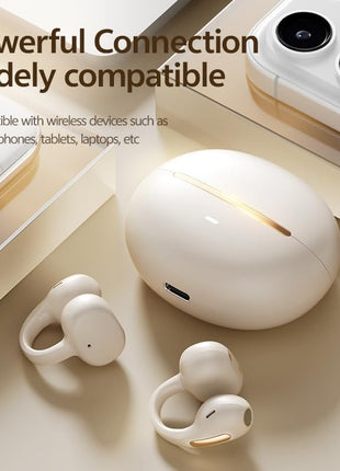 Clip-On Wireless Earbuds Open-Ear Bluetooth 5.0 with 5+25hr Battery and Panoramic Audio Beige