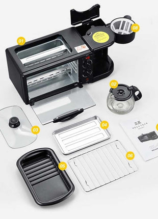 3-in-1 Breakfast Station with Mini Oven, Coffee Maker and Top Griddle, Black Stainless Steel