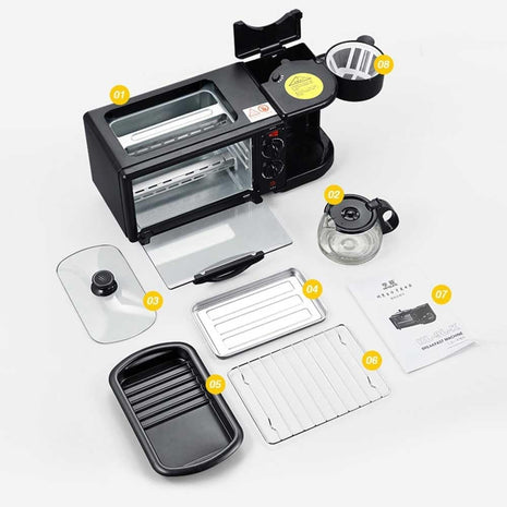 3-in-1 Breakfast Station with Mini Oven, Coffee Maker and Top Griddle, Black Stainless Steel