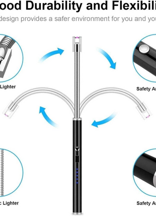 Electric Arc Lighter – 29.5cm Flexible USB Rechargeable – Windproof Safety Ignition with LED Indicator – Black