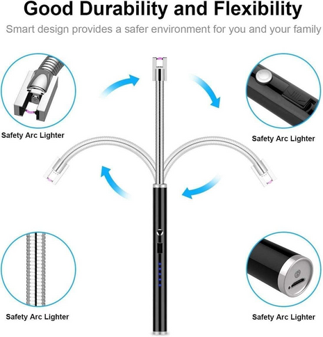 Electric Arc Lighter – 29.5cm Flexible USB Rechargeable – Windproof Safety Ignition with LED Indicator – Black