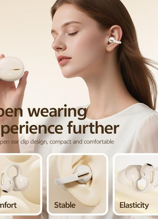Clip-On Wireless Earbuds Open-Ear Bluetooth 5.0 with 5+25hr Battery and Panoramic Audio Beige