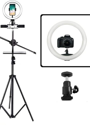 Fill Light Tripod Stand 2.5m with 25cm Dimmable Ring Light + 3 Phone Holders + Rotatable Mic Arm – Black