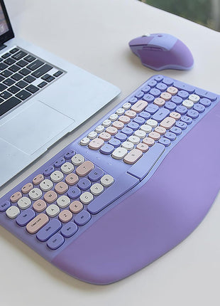 Wireless Ergonomic Keyboard and Mouse Combo, PU Wrist Rest, 101 Keys, 3-DPI Optical Mouse