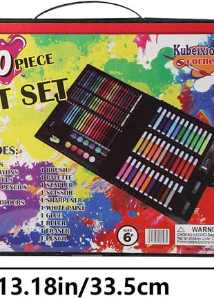 Portable 150-piece art kit with markers, crayons, pastels, paints, and tools in a durable ABS carry case. For ages 6+, available in blue or pink.