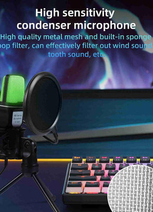 USB Condenser Microphone – 5V Plug & Play – Omnidirectional – Carbon Steel Gooseneck – RGB Lighting – Black