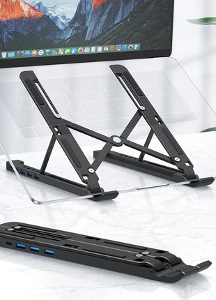 Adjustable Laptop Stand Docking Station 7-17" – Aluminium USB-C Hub with 5 Ports – Foldable, 7 Heights, Non-Slip