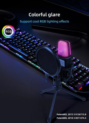 USB Condenser Microphone – 5V Plug & Play – Omnidirectional – Carbon Steel Gooseneck – RGB Lighting – Black