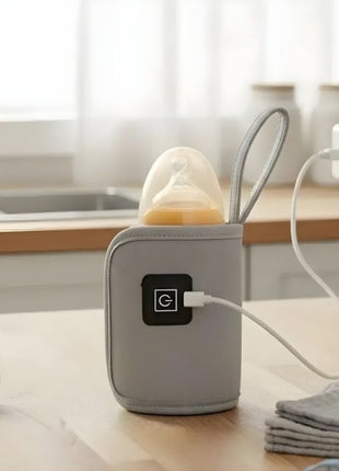 Portable Leather Infant Bottle Warming Case USB Powered with 3 Heat Settings, Velcro Closure, Fits Various Baby Bottles
