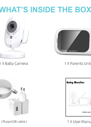 Madison Wireless Video Baby Monitor with 9 cm Screen, 720P HD Camera, 360° Rotation, Night Vision, Two-Way Talk, Crying Alert, 1.5 Meter Range, and Lullabies