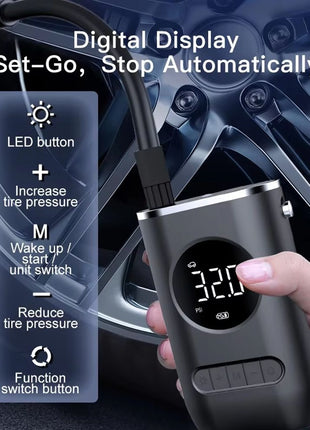 Cordless Mini Air Compressor 150 PSI – 4000mAh Rechargeable Tyre Inflator with LED Light, USB-C – Digital Pump for Car, Bike, Ball